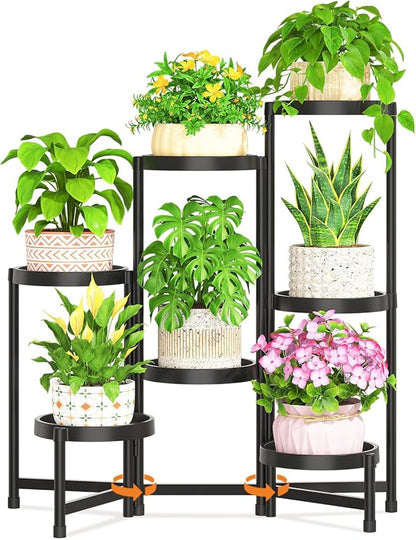 LASZOLA 7 Tiered Folding Plant Stand Indoor for Multiple Large Planter, Tall Heavy Duty Adjustable Rack with Rust Proof Plastic Shelving, Sturdy Vertical Tree Organizer for Narrow Inside Floor, Black