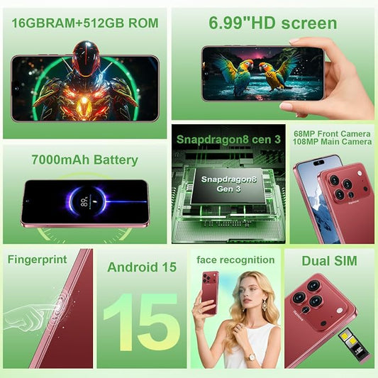 17 PMAX Unlocked Cell Phone,16GB+512GB Smartphone,6.99" HD Screen Android 15 5G Phones,Battery 7000mAh Android The Phone,Fingerprint Button Unlock/GPS/Face ID/Dual SIM/5G (Wine Red)