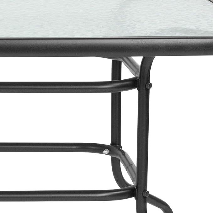 Flash Furniture Tory 31.5" x 55" Rectangular Tempered Glass Metal Patio Table with Umbrella Hole, Modern Rippled Glass Outdoor Dining Table, Black
