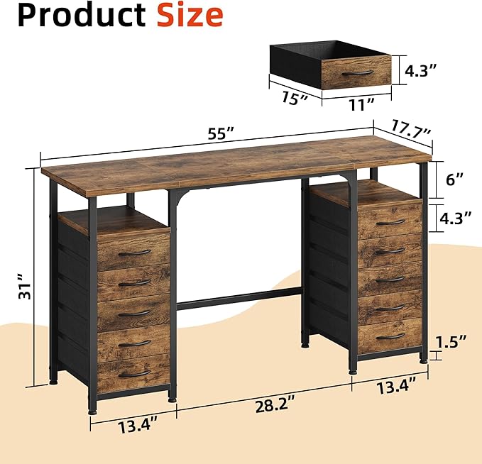 Desk with 10 Fabric Drawers Classified Organizer - 55"/140 Office Desks with Ample Storage, Computer Work Desk Study Writing Table Workstation for Home Office Space Brown