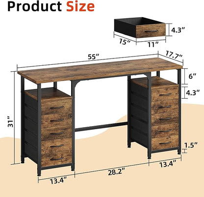 Desk with 10 Fabric Drawers Classified Organizer - 55"/140 Office Desks with Ample Storage, Computer Work Desk Study Writing Table Workstation for Home Office Space Brown