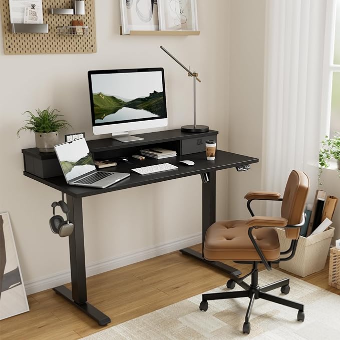 55 x 24 Inches Electric Standing Desk with 2 Storage Drawers, Stand Up Desk Adjustable Height, Sit and Stand Computer Table with Splice Board, Black
