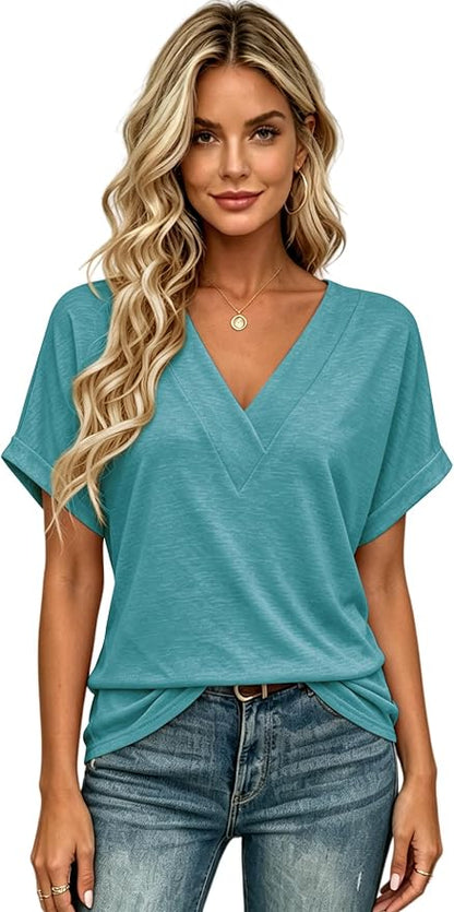T Shirts Short Sleeve V Neck Tees Womens Tops Beach Vacation Fashion Clothes 2026 Casual Summer Spring Fall Outfits
