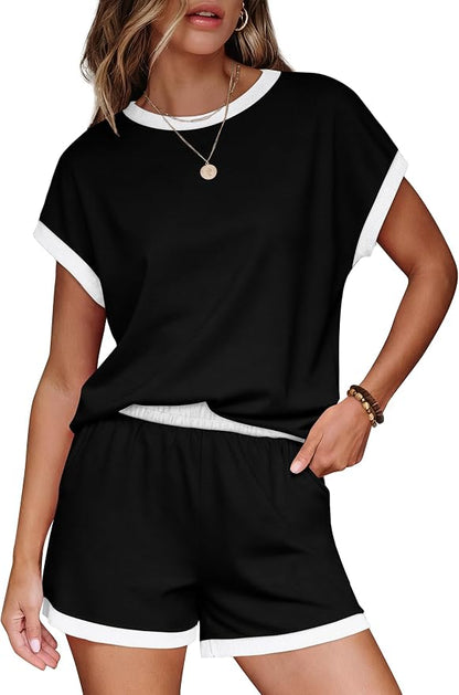 WIHOLL Two Piece Sets for Women Summer Lounge Short Sets Cap Sleeve Crew Neck Sweatsuit with Pocket XS-2XL