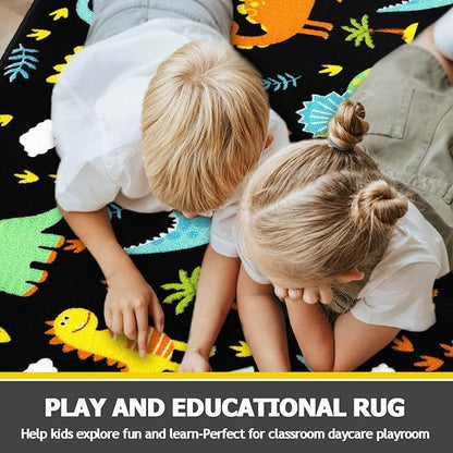 Capslpad Black Dinosaur Kids Play Rug for Boys Bedroom Non Slip Cartoon Kids Area Rug Washable Kids Play Mat for Dinosaur Room Kids Room Nursery Decor,5'2" x 3'3"