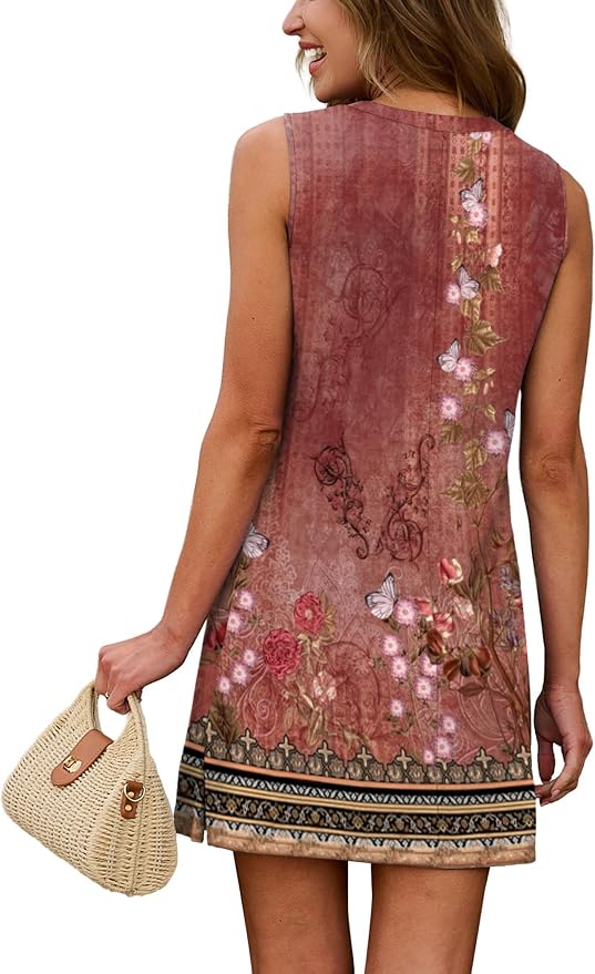 WIHOLL Casual Dresses for Women Crewneck Sleeveless Tank Dress Summer Spring Boho Vacation Clothes