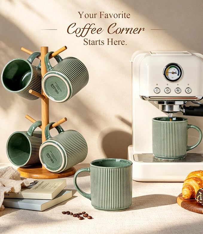GBhome Coffee Mugs Set of 6，12 oz Coffee Cups with Handle | Cups for Latte, Tea, Cocoa & Milk, Ideal for Daily Use & Gifts, Microwave & Dishwasher Safe, Dark Green