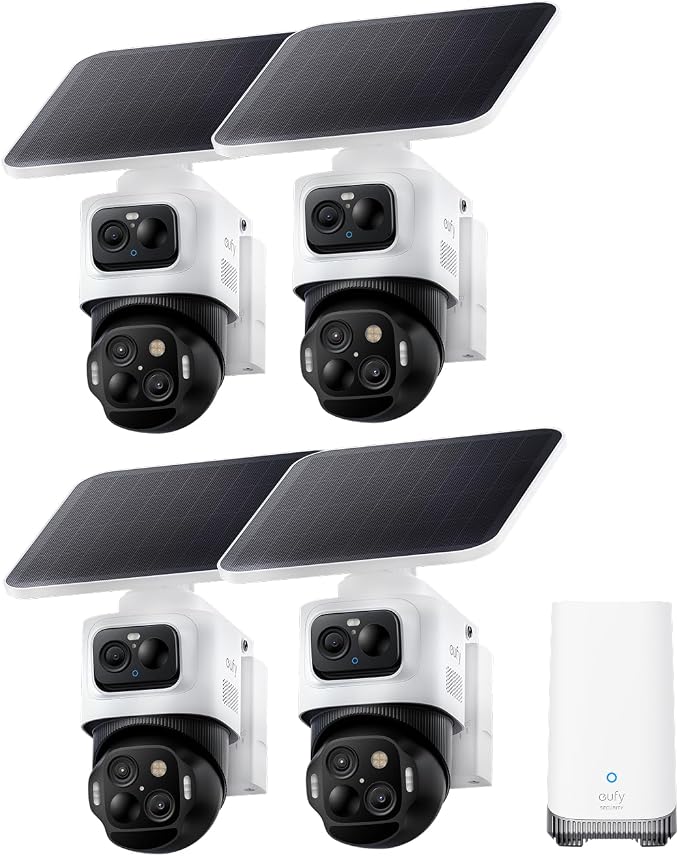 eufy Security eufyCam S4 4-Cam Kit, 4K Solar Wireless Outdoor Security System,3-Lens Bullet-PTZ cam, 360° Coverage,Cross-Cam Track, AI Facial Recognition, 8X Zoom,0 Monthly Fee,Expandable up to 16TB