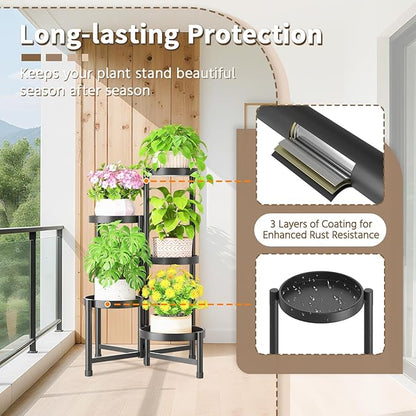 LASZOLA 5 Tiered Folding Tall Plant Stand Indoor for Multiple Large Planter, Heavy Duty Metal Adjustable Flower Rack for Narrow Corner, Sturdy Vertical Spiral Shelving Holder for Modern House, Black