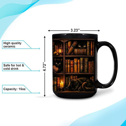 Hyturtle Black Cat Bookshelf Coffee Mug 15 Oz, Book Lover Gift for Women | Includes Matching Mini-Book Keychain; Cozy Literary Ceramic For Readers, Librarians And Bookworms On Birthdays Or Christmas