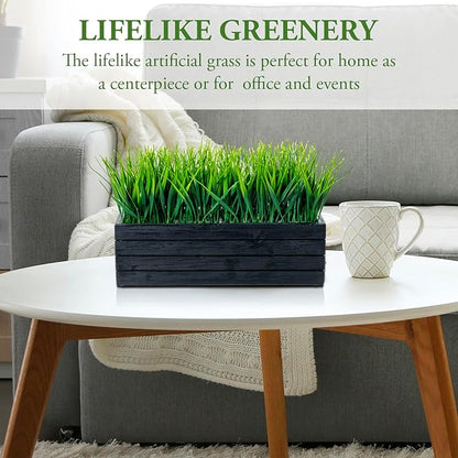 MyGift 14 Inch Artificial Green Grass Plant in Vintage Black Wood Planter Window Box, Faux Greenery in Decorative Rectangular Crate Style Wooden Container