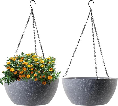 10 inch Hanging Planters for Outdoor Indoor Plants with Drainage Holes and Chain, 2 Pack Round Hanging Flower Plant Pots for Garden Home Porch Decor, Speckled Grey