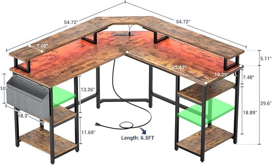 Aheaplus L Shaped Gaming Desk with Power Outlets & LED Lights, Corner Computer Desk with Monitor Stand and Storage Shelf, Home Office Writing Desk with Storage Bag, Rustic Brown