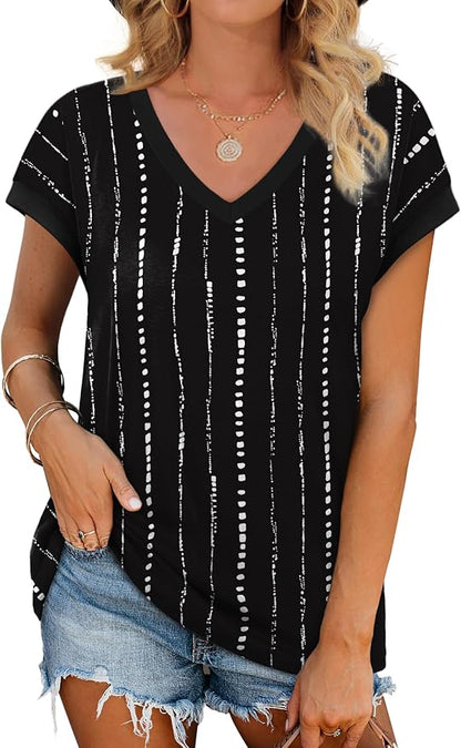 WIHOLL Womens Summer Tops 2026 Cap Short Sleeve Shirs V Neck T Shirts Fashion Beach Vacation Clothes Color Block