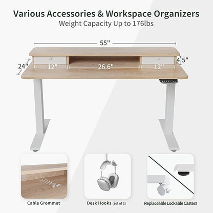 FEZIBO 55 x 24 Inch Height Adjustable Electric Standing Desk with Double Drawer, Stand Up Desk with Storage Shelf, Sit Stand Desk, Maple