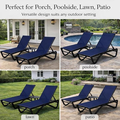 Kozyard Outdoor Chaise Lounge Chair, Full Aluminum Frame, Adjustable Reclining Patio Lounger for Poolside, Sunbathing & Backyard, Textilene (NavyBlue, 2Chairs + Table)