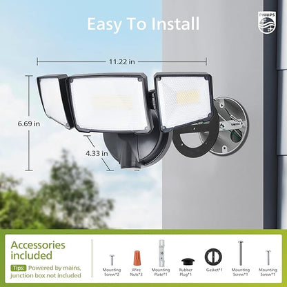 Philips 72W 7400LM LED Flood Lights Outdoor, Switch Controlled Aluminum Security Lights, 3 Adjustable Heads, Wall Mount, 5000K Daylight, Waterproof for Yard, Garage