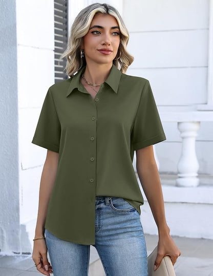 Zeagoo Button Down Shirts for Women Short Sleeve Collared Tops Dressy Casual V Neck Blouses