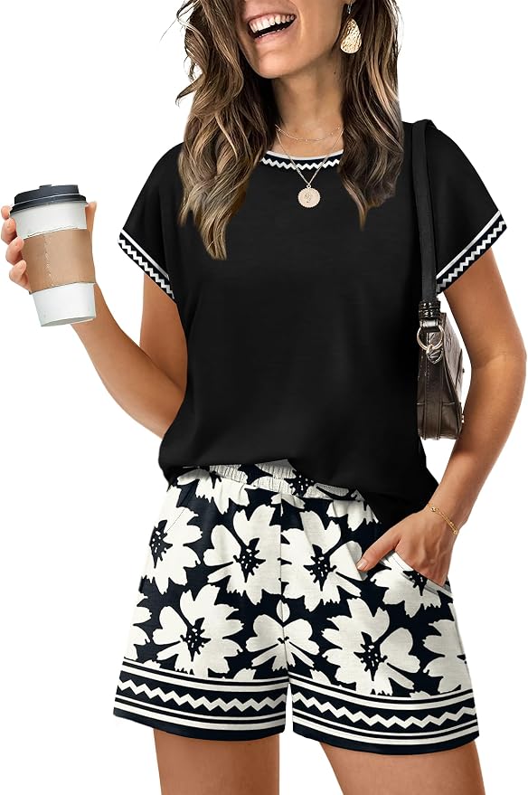 WIHOLL Two Piece Sets for Women Summer Lounge Short Sets Cap Sleeve Crew Neck Sweatsuit with Pocket XS-2XL