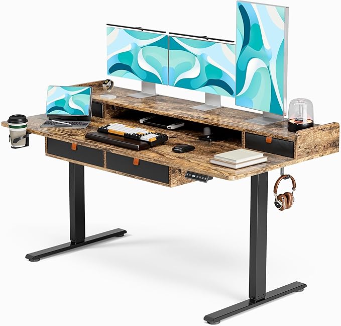 Standing Desk with Drawers 63x30 Inches large Standing Desk,Adjustable Height Desk with 4 PU Drawers,Storage Shelvers Sit Stand Up Desk,Home Office Computer Desk(Rustic Brown)