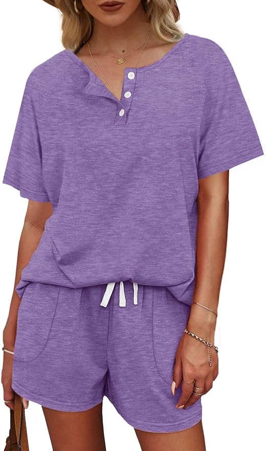 WIHOLL Two Piece Outfits for Women Lounge Sets Button Down Top and Shorts Set Sweatsuits with Pockets