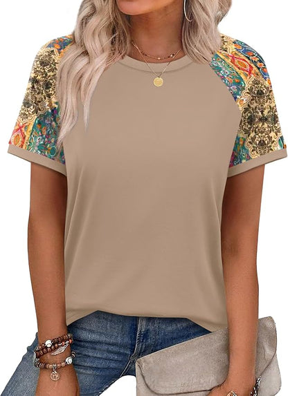 WIHOLL Womens Summer Tops Color Block Short Sleeve Raglan Shirts Spring Fashion Clothes Vacation Outfits