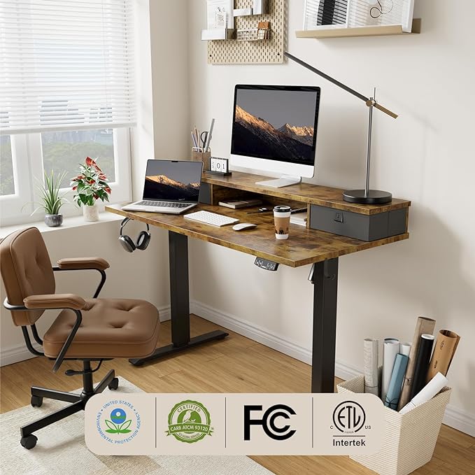 55 x 24 Inches Height Adjustable Electric Standing Desk with 2 Drawers, Stand Up Electric Desk Adjustable Height, Sit Stand Computer Gaming Table with Splice Board, Rustic Brown