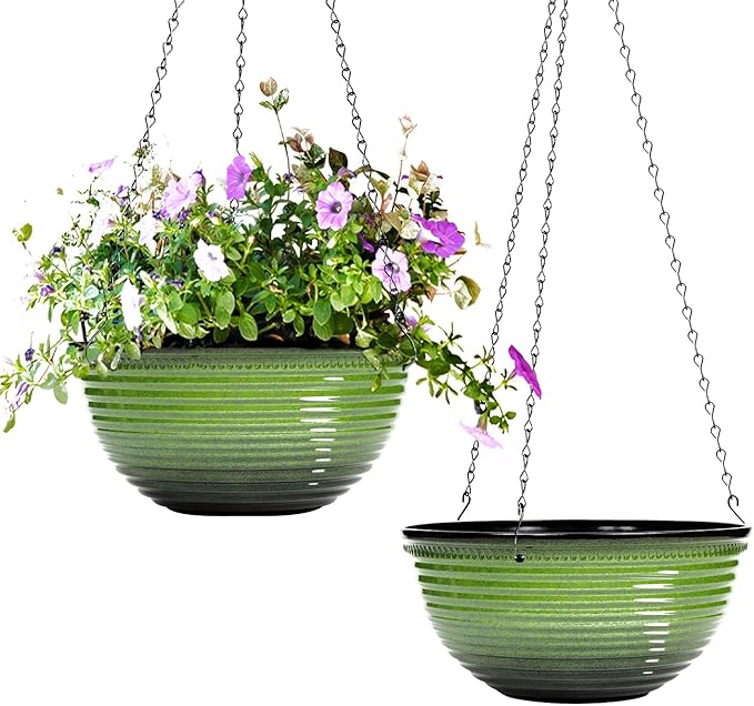 10 Inch Hanging Planter, 2 Pack Hanging Planters for Indoor Outdoor Plants Self Watering Hanging Pots with Drainage Holes for Garden Home (Green)