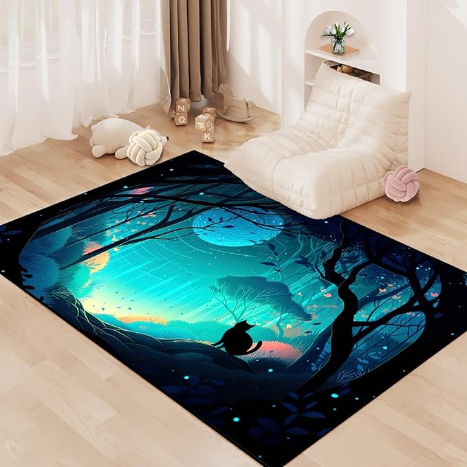 Cat Rug - Magic Black Cat Rug for Home Decor Moon Black Cat Rug for Boys Room Cat Door Mats Outdoor Entrance Forestscape Cat Rug, 4x5 Feet