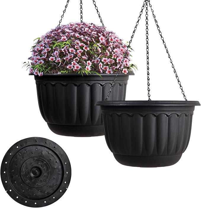 YIKUSH Planters for Outdoor Plants 2 Pack Black Plant Pots with Drainage Hole and Absorbing Tray Hanging Planters for Indoor Plants (12 inch, 3 Hooks)