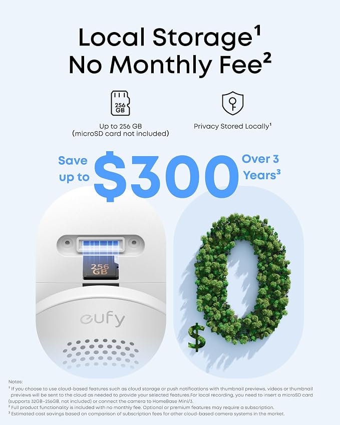 eufy Security Indoor&Outdoor Camera C31,2-Pack with HomeBase Mini(64GB Included),IP66,Spotlight-Free Color Night Vision,360°Pan&Tilt, AutoTracking,Human/Car/Pet/Cry Detection,24/7 Recording