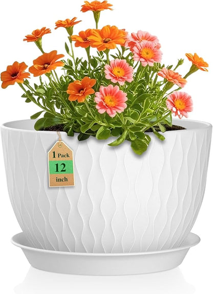 12 Inch Large Plant Pots for Indoor or Outdoor Plants, Wide Water Ripples Flower Pots with Drainage Holes & Saucer, Plastic Planters Set for Garden & Home Decor (White)