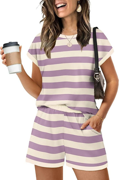 WIHOLL Two Piece Sets for Women Summer Lounge Short Sets Cap Sleeve Crew Neck Sweatsuit with Pocket XS-2XL