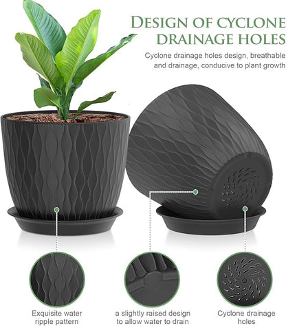 7 inch Plant Pots, 5 Pack Flower Pots with Drainage Holes and Saucers for Indoor Plants, Plastic Planters with Water Ripple for Small Garden House Plants, Nursery Pots for Succulent, Black