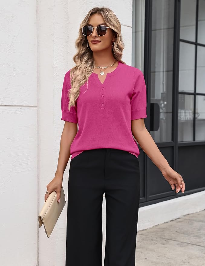 Zeagoo Women's Short Sleeve Sweater 2026 Spring Summer Tops Lightweight Casual V Neck Sweaters Dressy Work Blouses Clothes