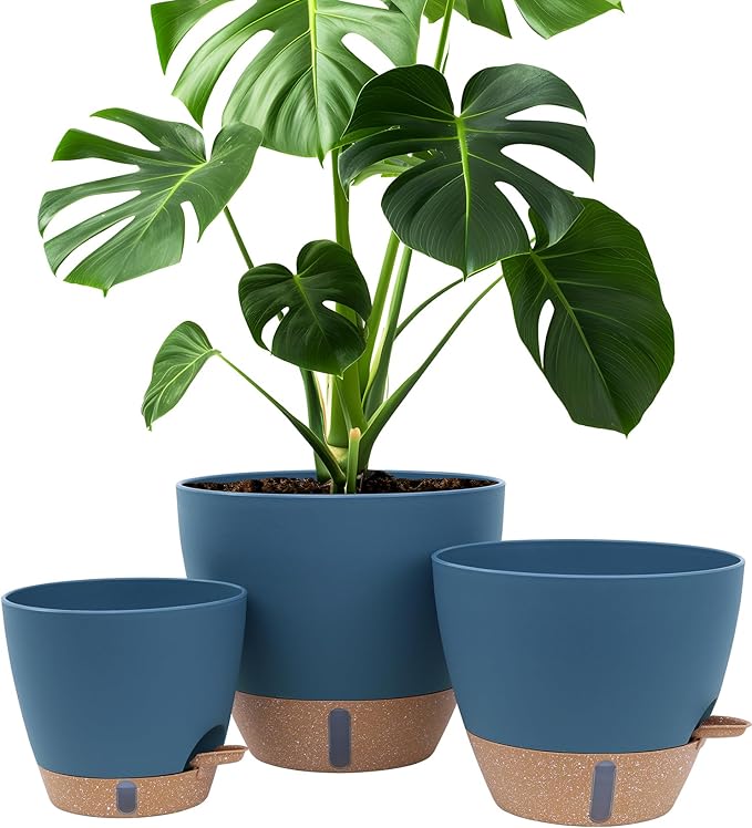 8/10/12 Inch Large Self Watering Pots for Indoor Plants Plastic Plant Pot for Outdoor Plants, Water Level Window & Spacious Reservoir Flower Pots Decorative Planter with Drainage and Tray (Blue)