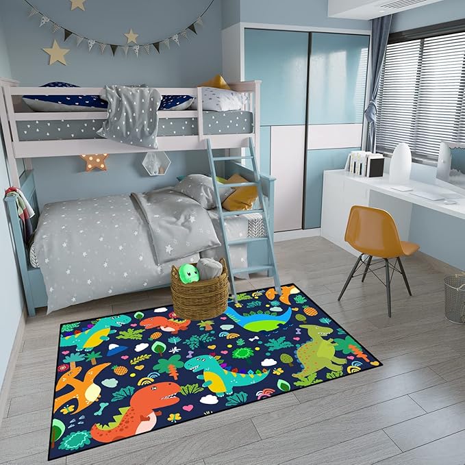 Dinosaur Rugs for Boys Bedroom Cute Dinosaur Area Rug and Leaves Print Dinosaur Rug Kids Rug Play Rug Dinosaur Carpets Cartoon Rug for Playroom Classroom,Blue 3'×5'