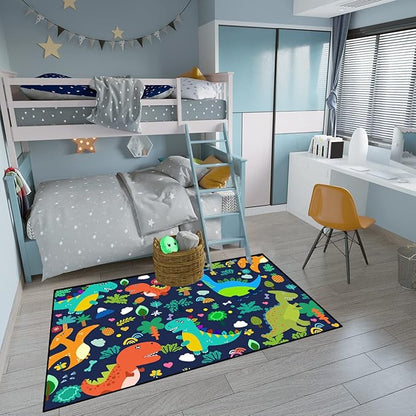 Dinosaur Rugs for Boys Bedroom Cute Dinosaur Area Rug and Leaves Print Dinosaur Rug Kids Rug Play Rug Dinosaur Carpets Cartoon Rug for Playroom Classroom,Blue 3'×5'