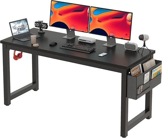 63 Inch Large Computer Desk Writing Study Work Office Table Home Office Desk Moderm Gaming Desk Simple Workstation with Storage Bag and Iron Hook - Black