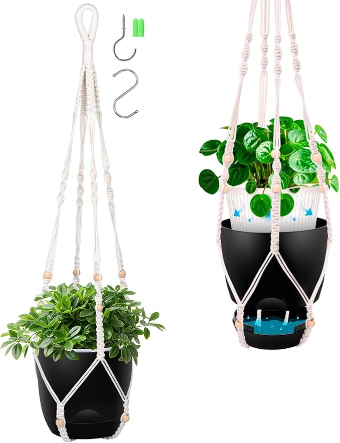 2-Pack 5.7-Inch Self-Watering Hanging Planters for Indoor & Outdoor Plants,34Inch Macrame Hanger Plant Pots Indoor with Drainage,Small Hanging Planters & Baskets,With Two Sets of Hooks（Pure black）