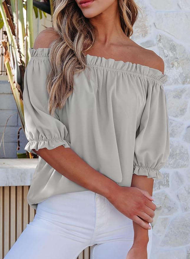 EVALESS Womens Tops Off The Shoulder Blouses for Women Dressy Casual Cute Puff Sleeve T Shirts Fashion 2026