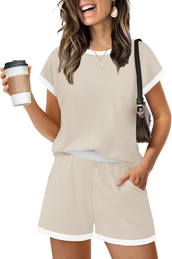WIHOLL Two Piece Sets for Women Summer Lounge Short Sets Cap Sleeve Crew Neck Sweatsuit with Pocket XS-2XL