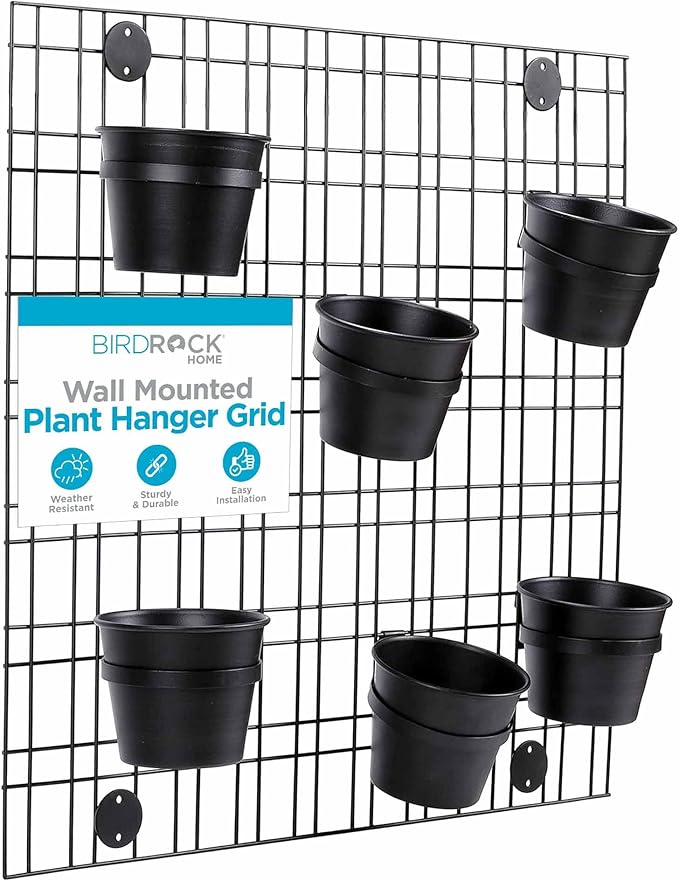 BIRDROCK HOME 6 Pot Garden Wall Grid - Flower or Succulent Planter Pots - Indoor or Outdoor Plant Organizer Rack - Black