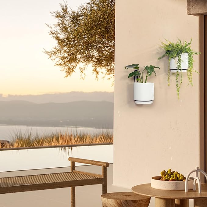 2 Pcs Wall Mounted Hanging Planter Vase for Indoor and Outdoor Plants Modern Metal Wall and Ceiling Planter Minimalist Flower Pot (White, 5.91 inch)