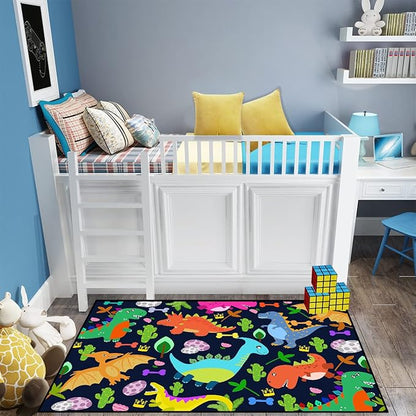 Dinosaur Rug for Boys Room Cartoon Dinosaur Area Rugs Kids Rug Dinosaur Rug Kids Play Rug Dinosaur Play Rug for Bedroom and Kidroom Playing Room,Dark Blue 3'×4'