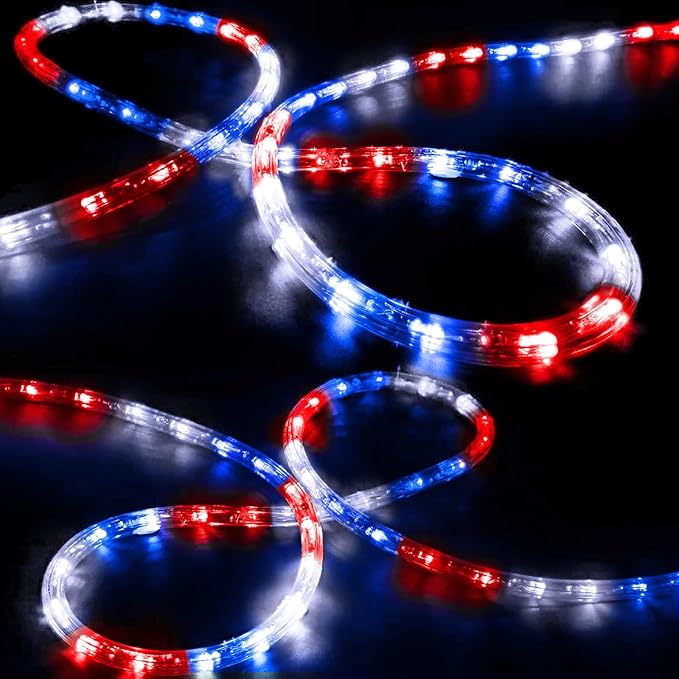 50ft LED Rope Lights Outdoor,360 LED Connectable & Flexible Tube Lights with 8 Modes, Waterproof LED Rope Lighting for Independence Flag Day, Memorial Day, Outdoor,Indoor Decor (Red & White & Blue)