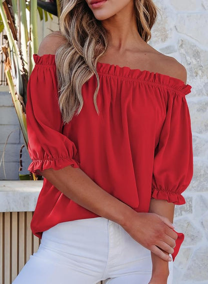 EVALESS Womens Tops Off The Shoulder Blouses for Women Dressy Casual Cute Puff Sleeve T Shirts Fashion 2026