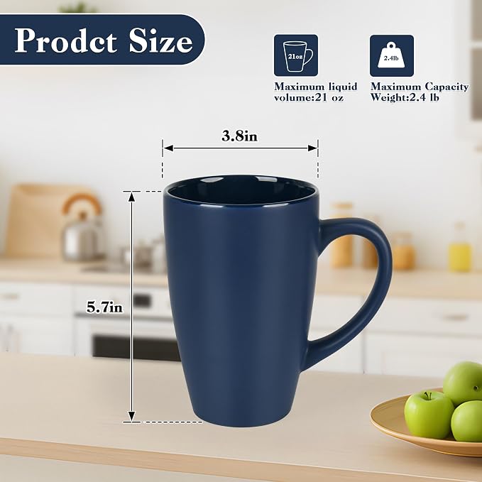 BYCNZB 20oz Extra Large Ceramic Tall Coffee Mugs Set for Coffee Tea Hot Cocoa set of 4 Dishwasher & Microwave Safe (Matte blue)