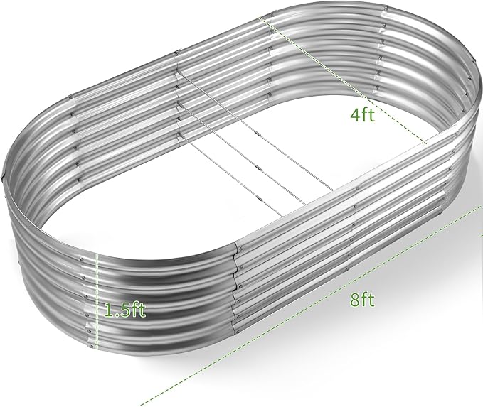 Land Guard Galvanized Metal Raised Garden Bed Kit, 8x4x1.5ft Large Planter Boxes Outdoor, Oval Gardening Box, Patio Garden Planter Box for Vegetables (Silver)