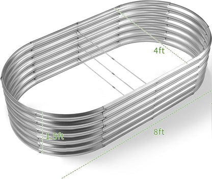 Land Guard Galvanized Metal Raised Garden Bed Kit, 8x4x1.5ft Large Planter Boxes Outdoor, Oval Gardening Box, Patio Garden Planter Box for Vegetables (Silver)